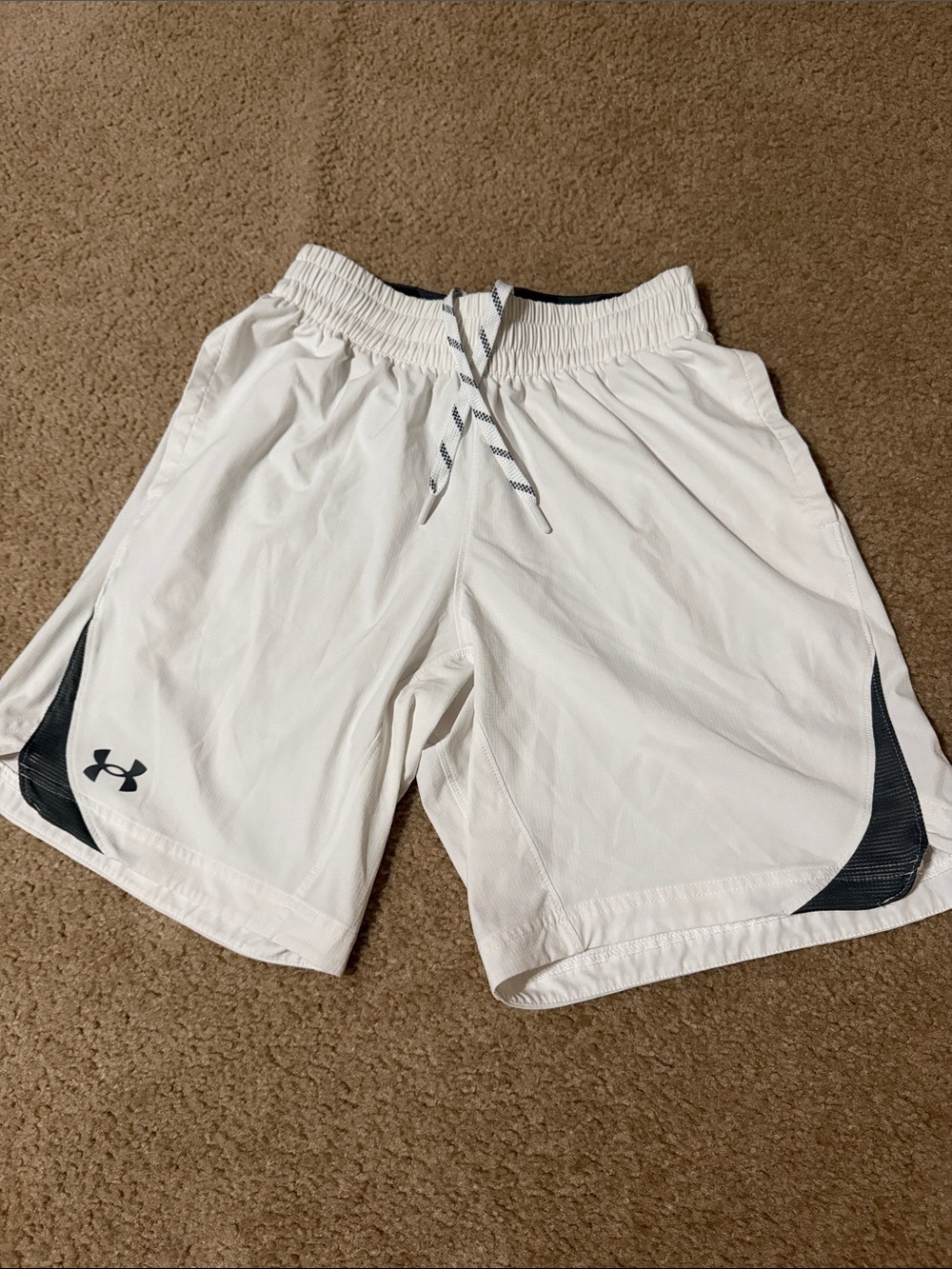 Under Armour White Men's Athletic Shorts with Dark Gray Accents - Size S